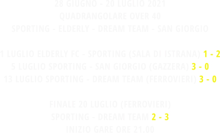 28 GIUGNO - 20 LUGLIO 2021 QUADRANGOLARE OVER 40 SPORTING - ELDERLY - DREAM TEAM - SAN GIORGIO  1 LUGLIO ELDERLY FC - SPORTING (SALA DI ISTRANA) 1 - 2 5 LUGLIO SPORTING - SAN GIORGIO (GAZZERA) 3 - 0 13 LUGLIO SPORTING - DREAM TEAM (FERROVIERI) 3 - 0  FINALE 20 LUGLIO (FERROVIERI) SPORTING - DREAM TEAM 2 - 3 INIZIO GARE ORE 21.00